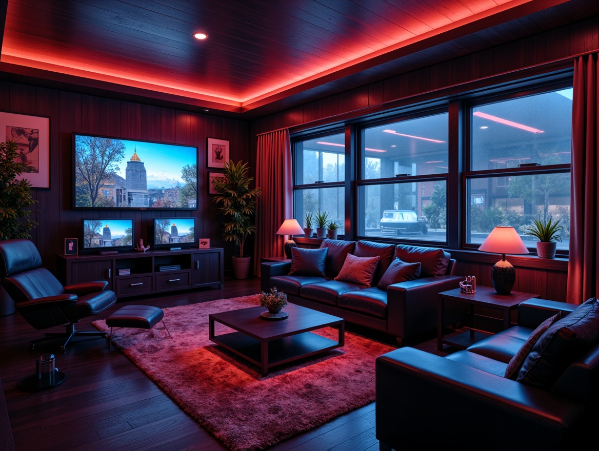 Prompt: Moody game room, dimmable LED lights, ambient glow, neon accents, futuristic consoles, high-tech gadgets, sleek furniture, dark wood tones, rich leather textures, cozy carpeting, dramatic shadows, cinematic atmosphere, 1/1 composition, shallow depth of field, warm color temperature, softbox lighting, realistic renderings.