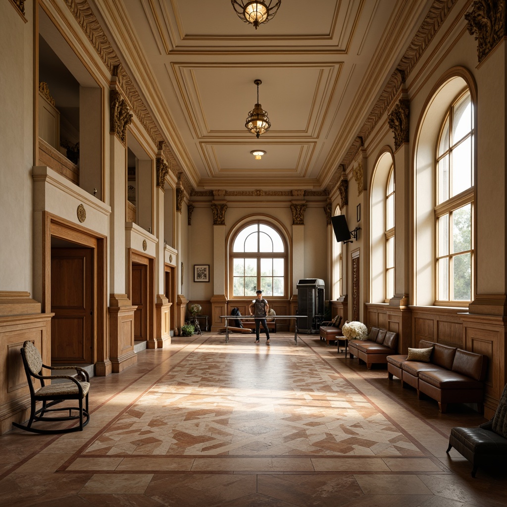 Prompt: Elegant gymnasium interior, high ceiling, ornate moldings, classical columns, polished marble flooring, intricate parquet patterns, warm beige walls, rich wood accents, vintage athletic equipment, distressed leather benches, antique-inspired lighting fixtures, subtle natural light, softbox illumination, 1/1 composition, symmetrical framing, realistic textures, ambient occlusion.