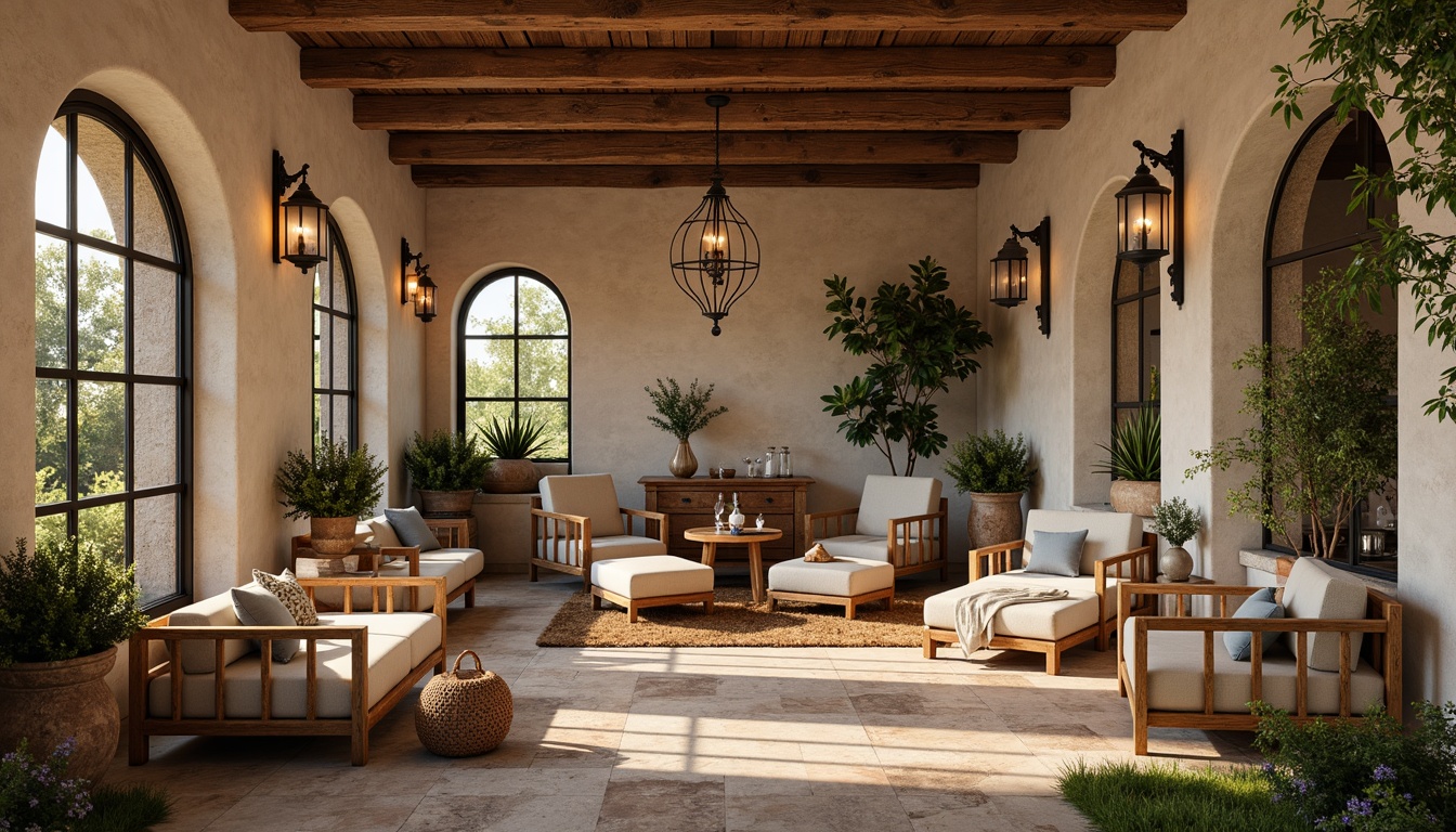 Prompt: Warm Mediterranean ambiance, rustic stone walls, arched windows, ornate ironwork, distressed wood accents, soft warm lighting, pendant lanterns, wrought iron chandeliers, mercury glass pendants, candle-like fixtures, ambient indirect lighting, cozy niches, textured stucco ceilings, earthy color palette, natural linen fabrics, woven rattan furniture, lush greenery, blooming flowers, sunny day, shallow depth of field, 3/4 composition, panoramic view, realistic textures, ambient occlusion.