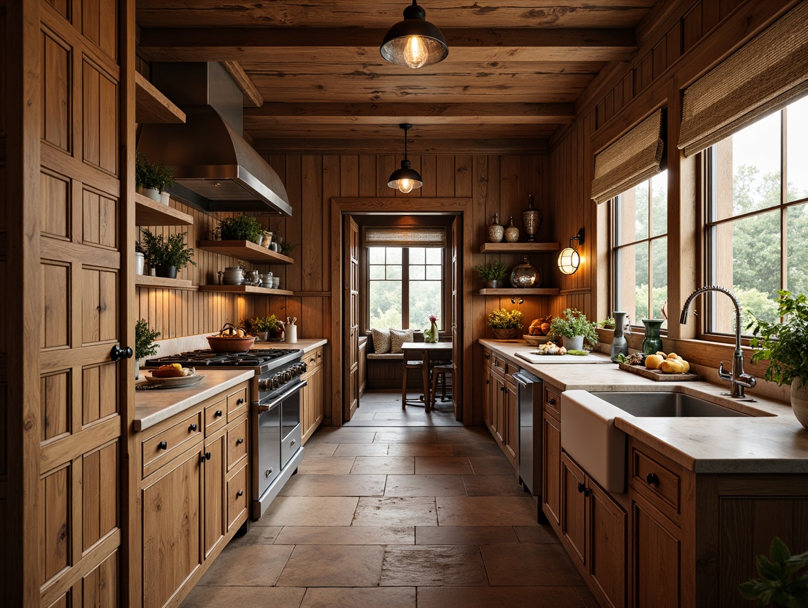 Prompt: Rustic kitchen, warm wood tones, cabinetry with ornate carvings, distressed finishes, earthy colors, natural stone countertops, farmhouse sinks, pendant lighting, woven textiles, vintage appliances, open shelving, decorative trims, cozy nooks, soft warm lighting, shallow depth of field, 1/1 composition, realistic textures, ambient occlusion.