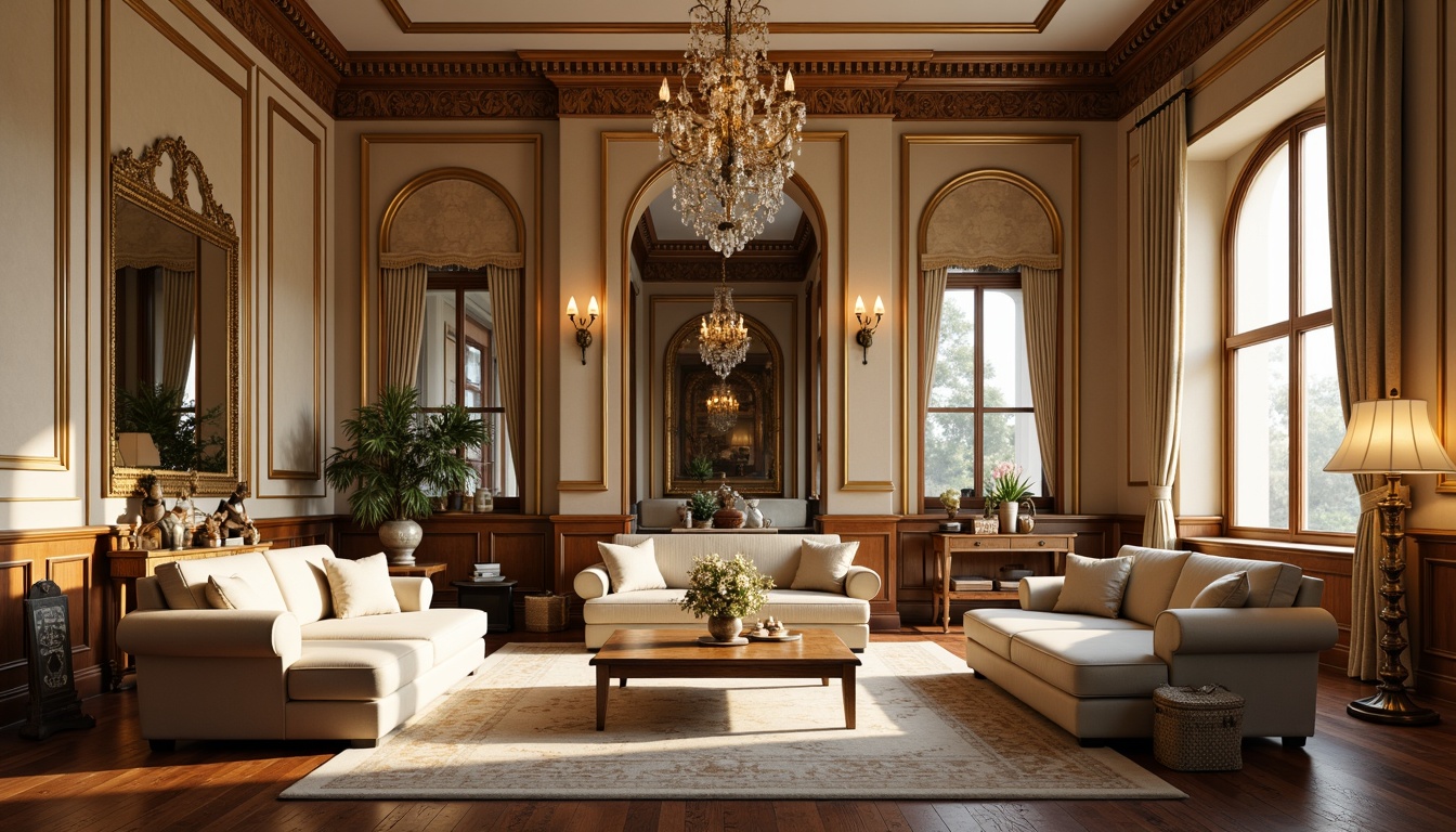 Prompt: Elegant classical interior, rich wood tones, ornate moldings, velvet upholstery, soft cream accents, warm beige walls, intricate patterns, antique furniture pieces, crystal chandeliers, luxurious fabrics, subtle metallic sheen, refined proportions, harmonious balance, soft natural light, gentle shadows, 1/1 composition, symmetrical arrangement, realistic textures, ambient occlusion.