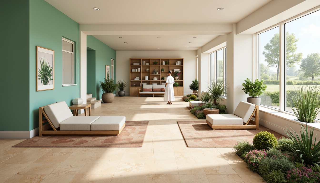 Prompt: Calming healthcare facility, soothing color scheme, soft pastel hues, gentle turquoise accents, creamy whites, warm beige tones, natural wood textures, earthy terracotta floors, subtle patterned carpets, minimalist furniture design, rounded corners, soft indirect lighting, peaceful ambiance, serene atmosphere, nature-inspired artwork, verdant green walls, blooming flowers, lush plants, organic shapes, calming water features, gentle soundscapes.