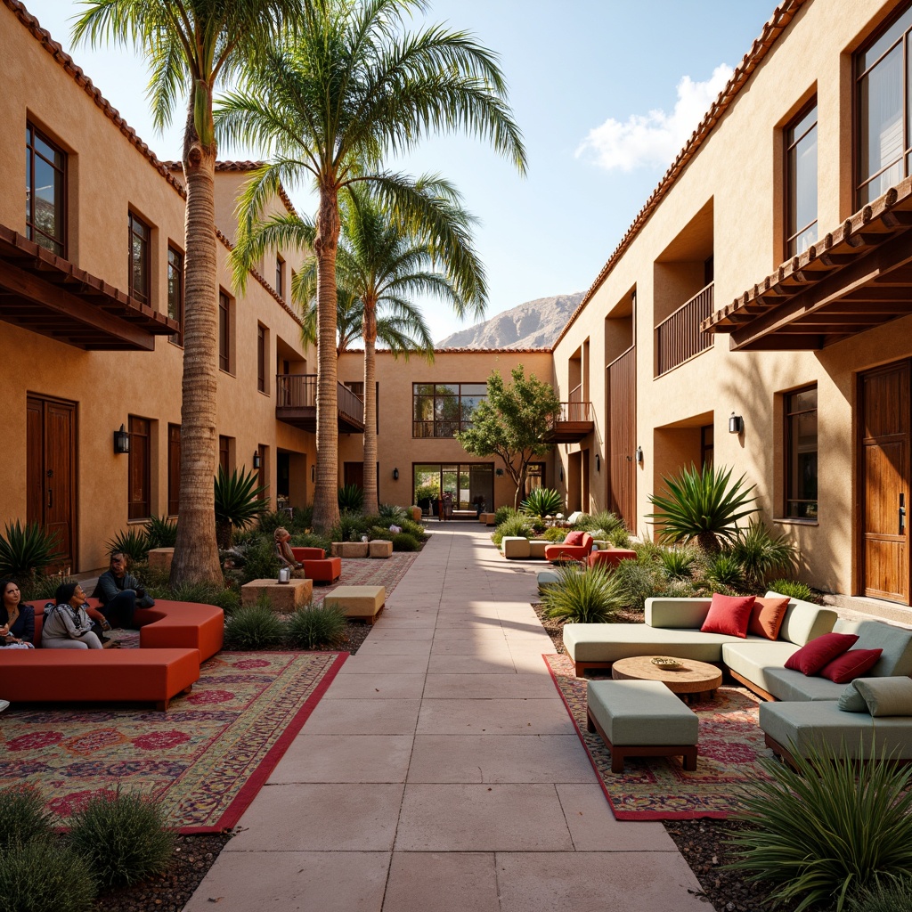 Prompt: Vibrant southwestern campus, adobe-style buildings, warm sandy tones, terracotta roofs, ornate wooden doors, rustic metal accents, lush greenery, cacti plants, vibrant colorful textiles, geometric patterns, cozy study nooks, comfortable seating areas, natural stone walkways, arched windows, warm earthy lighting, soft ambient glow, shallow depth of field, 3/4 composition, panoramic view, realistic textures, ambient occlusion.