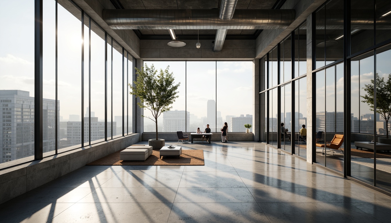 Prompt: Sleek modern interior, transparent glass walls, minimalist decor, sparse furniture arrangement, monochromatic color scheme, subtle textures, ambient natural light, airy atmosphere, reflective surfaces, geometric shapes, industrial materials, urban loft setting, afternoon sunlight, soft shadows, 1/1 composition, shallow depth of field, realistic rendering.