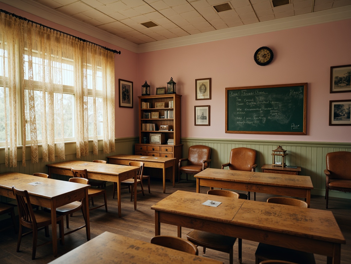 Prompt: Vintage educational setting, distressed wooden desks, worn chalkboards, soft pastel colors, pale pink walls, creamy white trim, antique furniture, ornate metal lanterns, floral patterns, lace curtains, distressed bookshelves, worn leather armchairs, warm golden lighting, shallow depth of field, 1/1 composition, realistic textures, ambient occlusion.