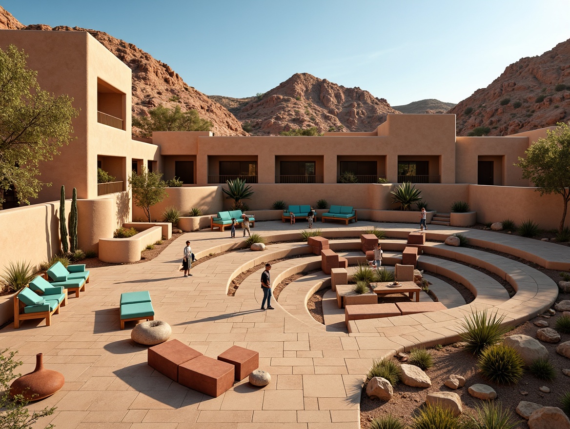 Prompt: Southwestern amphitheater, adobe-inspired architecture, curved seating areas, vibrant turquoise accents, terracotta pottery, woven textiles, patterned tiles, rustic wooden benches, desert botanicals, saguaro cacti, sandy walkways, warm golden lighting, soft shadowing, 3/4 composition, panoramic view, realistic rock formations, ambient occlusion.