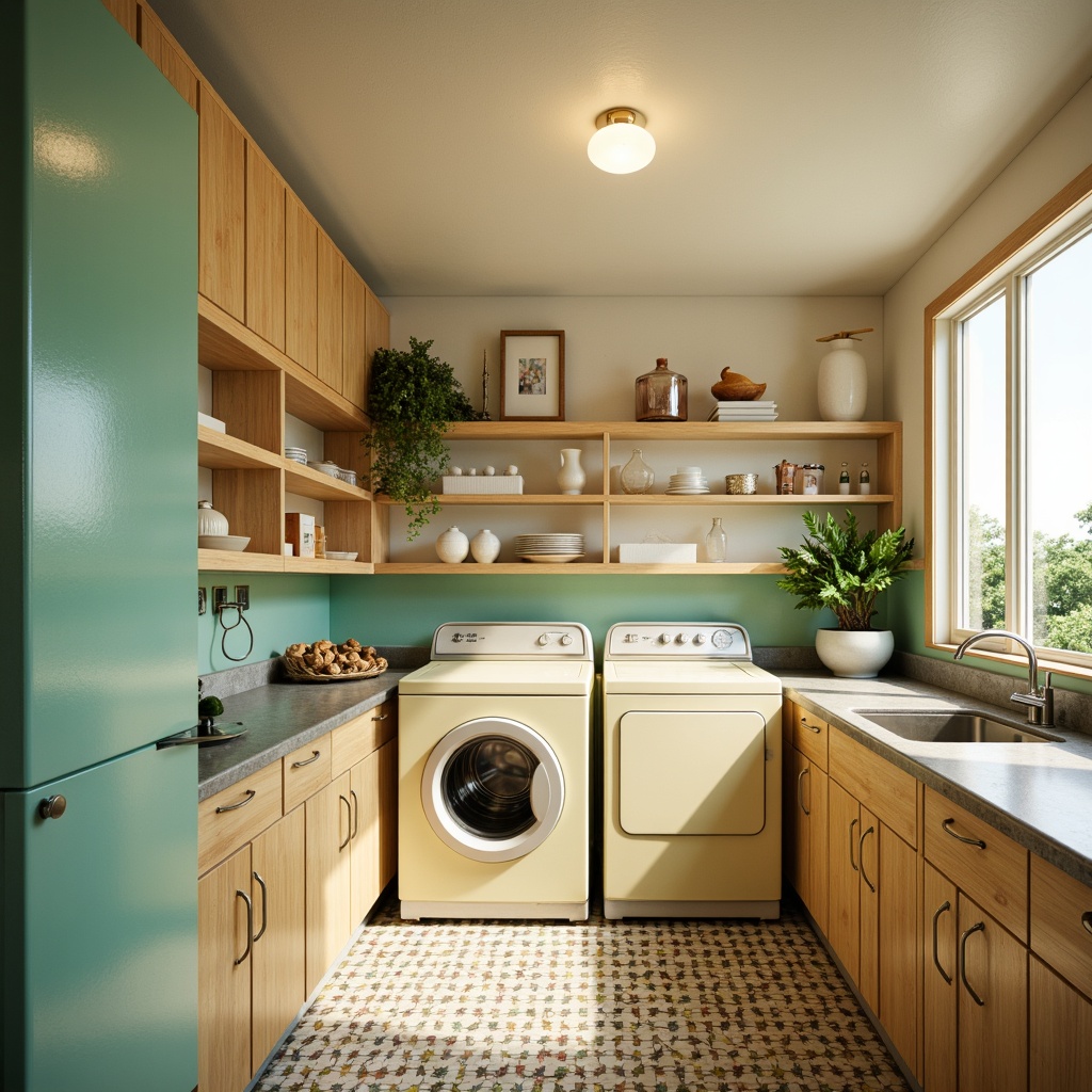 Prompt: Retro-style laundry room, mid-century modern appliances, pastel color schemes, sleek metal finishes, rounded edges, patterned linoleum flooring, natural wood cabinetry, ample counter space, task lighting, softbox lighting, 1/2 composition, shallow depth of field, warm ambient colors, minimalist decor, functional layout, built-in shelving, concealed storage, vintage-inspired accessories, geometric patterns, bold typography.