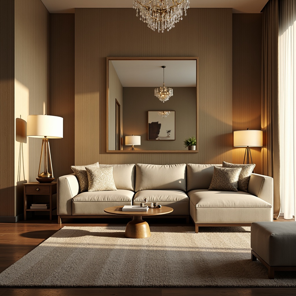 Prompt: Elegant living room, modern sofa, warm beige walls, large windows, natural light pouring in, soft warm glow, table lamps, floor lamps, pendant lights, crystal chandelier, cozy atmosphere, intimate setting, dramatic shadows, subtle color temperature, energy-efficient LED bulbs, sleek metal fixtures, minimalist design, luxurious textiles, plush area rug, comfortable seating arrangement.