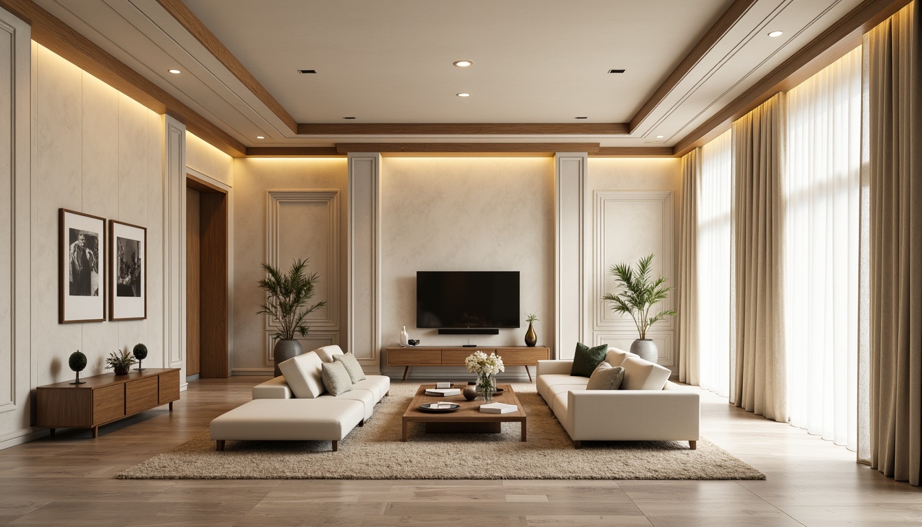 Prompt: Luxurious living room, sophisticated wall treatments, elegant molding designs, rich wood paneling, creamy marble accents, soft golden lighting, plush area rugs, modern minimalist furniture, floor-to-ceiling windows, sheer white curtains, subtle texture contrasts, refined architectural details, warm beige colors, 1/1 composition, shallow depth of field, realistic material reflections.