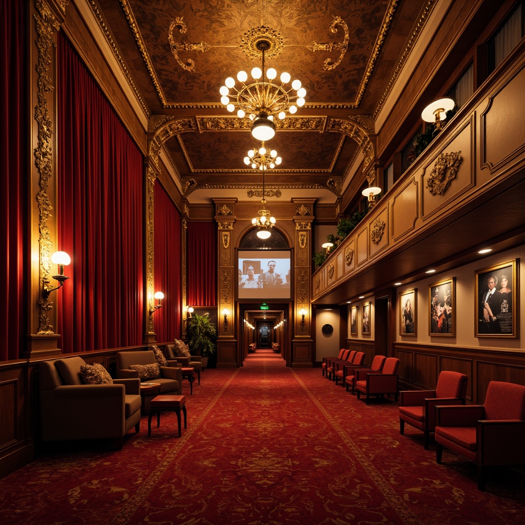 Prompt: Luxurious cinema walls, rich velvet drapes, ornate golden frames, classic film posters, decorative moldings, soft warm lighting, intimate ambiance, plush red carpeting, intricate stucco designs, Baroque-inspired patterns, opulent chandeliers, grandiose archways, lavish ornamentation, dramatic ceiling treatments, sophisticated color schemes, regal atmosphere, nostalgic film props, vintage cameras, classic movie projectors, 1/2 composition, shallow depth of field, warm tone grading.