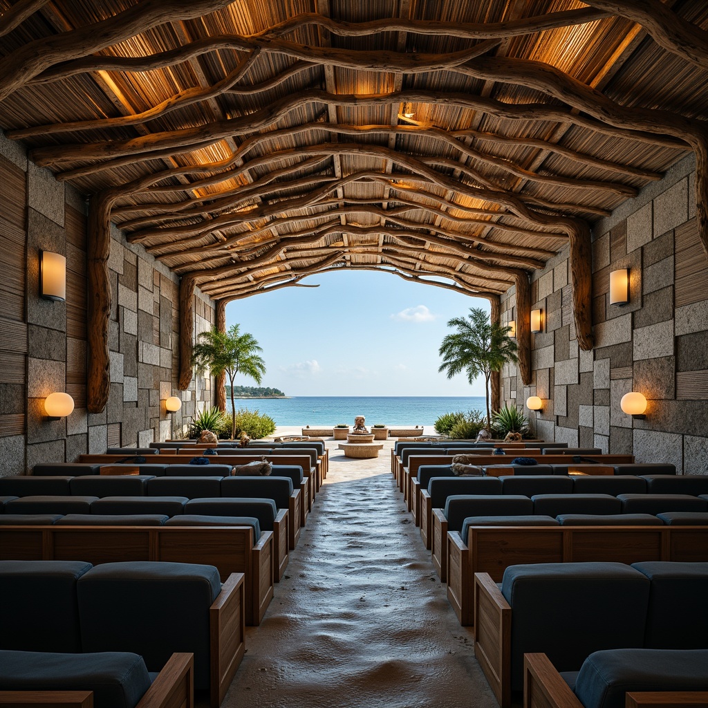 Prompt: Driftwood-accented theater, ocean-inspired decor, comfortable seating, curved rows, reclining chairs, soft blue upholstery, natural wood accents, woven sea grass textures, beachy keystone patterns, warm golden lighting, 1/2 composition, shallow depth of field, cinematic ambiance, atmospheric misting system, refreshing ocean breeze, scenic coastal views.