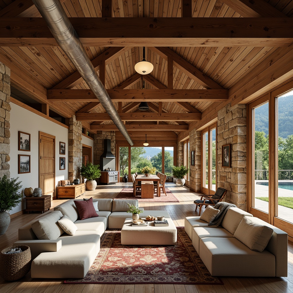 Prompt: Rustic farmhouse, open floor plan, wooden beams, exposed ductwork, natural stone walls, earthy color palette, cozy living areas, plush furnishings, vintage decor, modern appliances, large windows, sliding glass doors, panoramic views, lush greenery, sunny day, soft warm lighting, shallow depth of field, 3/4 composition, realistic textures, ambient occlusion.