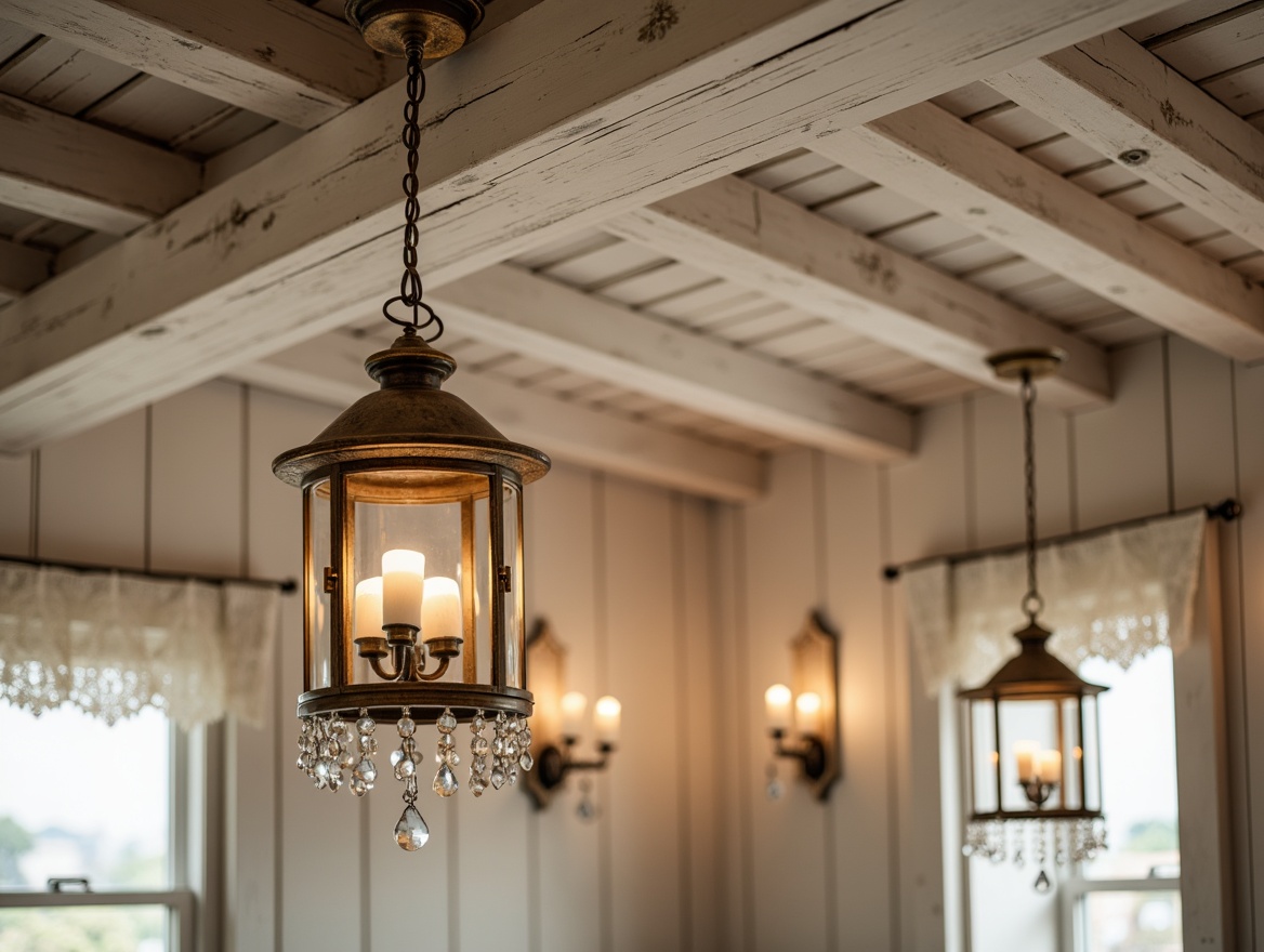 Prompt: Distressed wooden chandeliers, vintage metal lanterns, soft warm candlelight, ornate crystal droplets, rustic metal sconces, whitewashed wooden ceiling beams, distressed finishes, creamy white walls, floral patterns, lace trimmings, pastel colors, gentle glow, warm ambient lighting, 1/1 composition, shallow depth of field, natural textures, realistic reflections.