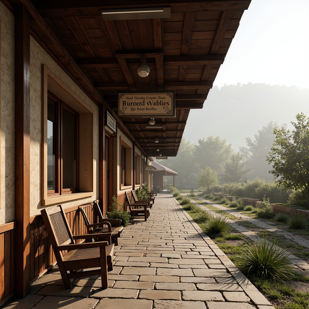 Prompt: Rustic bus station, traditional architectural style, earthy tone colors, wooden accents, distressed textures, vintage signage, decorative typography, folk-inspired patterns, natural stone flooring, warm lighting, cozy atmosphere, rural landscape, scenic views, misty morning, shallow depth of field, 1/1 composition, realistic materials, ambient occlusion.