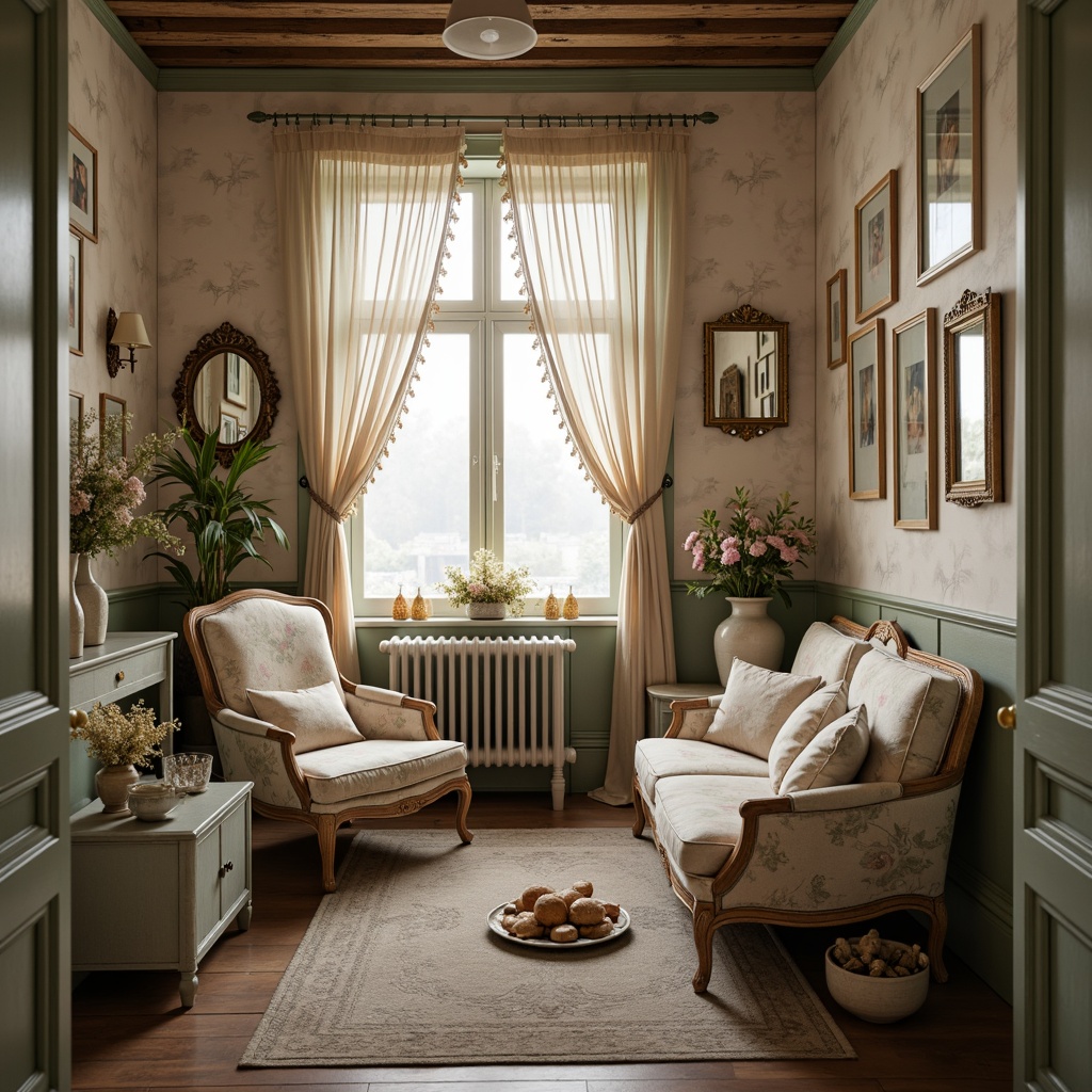 Prompt: Vintage distressed furniture, soft pastel hues, floral patterns, lace trims, linen fabrics, natural fibers, billowy curtains, tassel details, ornate mirrors, worn wooden floors, warm candlelight, intimate cozy atmosphere, 1/2 composition, shallow depth of field, romantic ambiance.