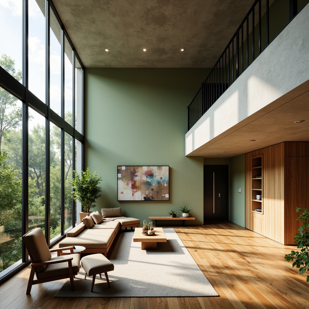 Prompt: Minimalist interior, open-plan living area, high ceilings, floor-to-ceiling windows, sleek wooden floors, modern furniture, abstract artwork, green walls, natural ventilation, abundant sunlight, soft warm lighting, shallow depth of field, 3/4 composition, panoramic view, realistic textures, ambient occlusion.