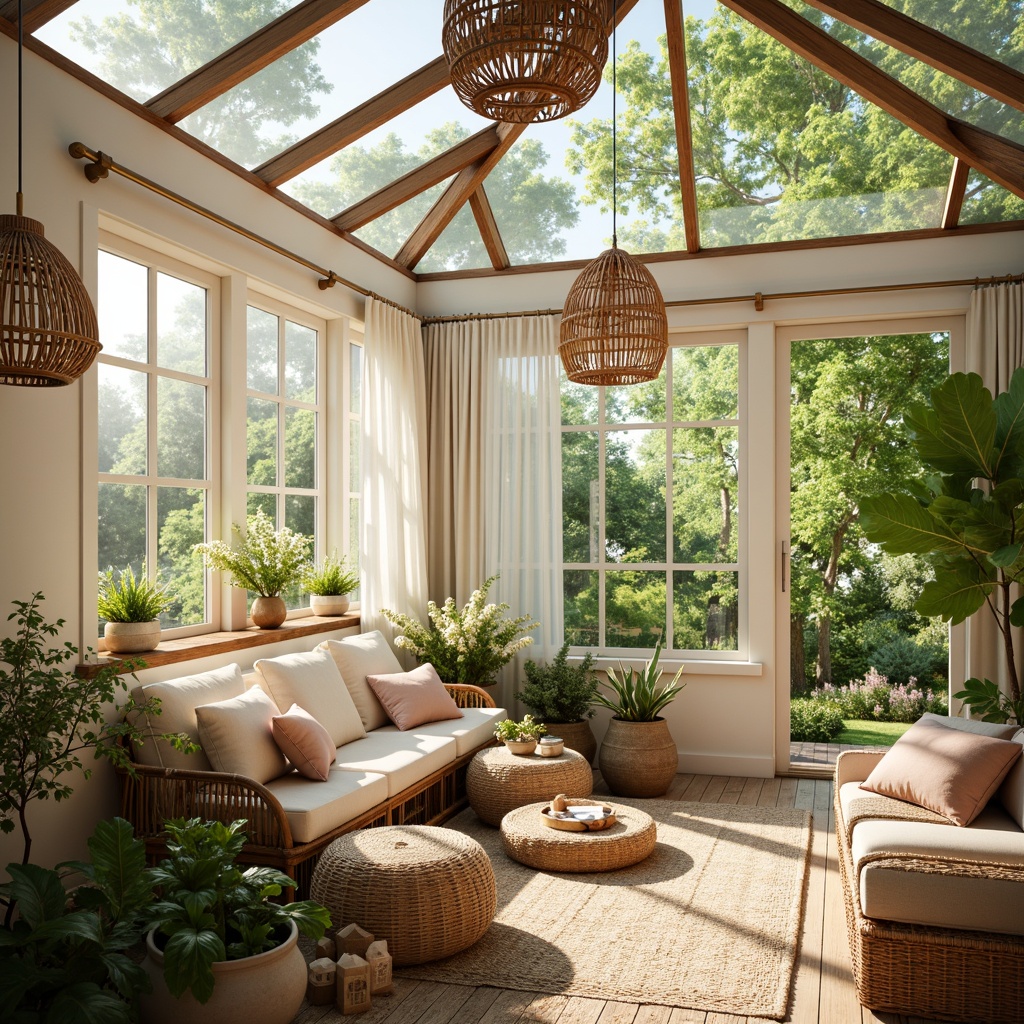 Prompt: Vibrant sunroom, warm natural light, soft pastel hues, creamy whites, gentle blues, mellow yellows, earthy browns, lush greenery, blooming flowers, wooden accents, woven textiles, rattan furniture, plush cushions, sheer curtains, delicate patterns, subtle gradients, calming ambiance, relaxing atmosphere, bright sunny day, warm golden lighting, shallow depth of field, 1/1 composition, realistic textures.