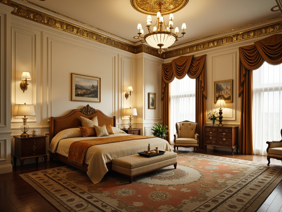 Prompt: Luxurious art deco bedroom, cream-colored walls, ornate gold accents, lavish furnishings, plush velvet fabrics, geometric patterns, metallic sheen, crystal chandeliers, soft warm lighting, shallow depth of field, 1/1 composition, intimate atmosphere, sophisticated elegance, vintage glamour, rich textures, subtle contrasts.