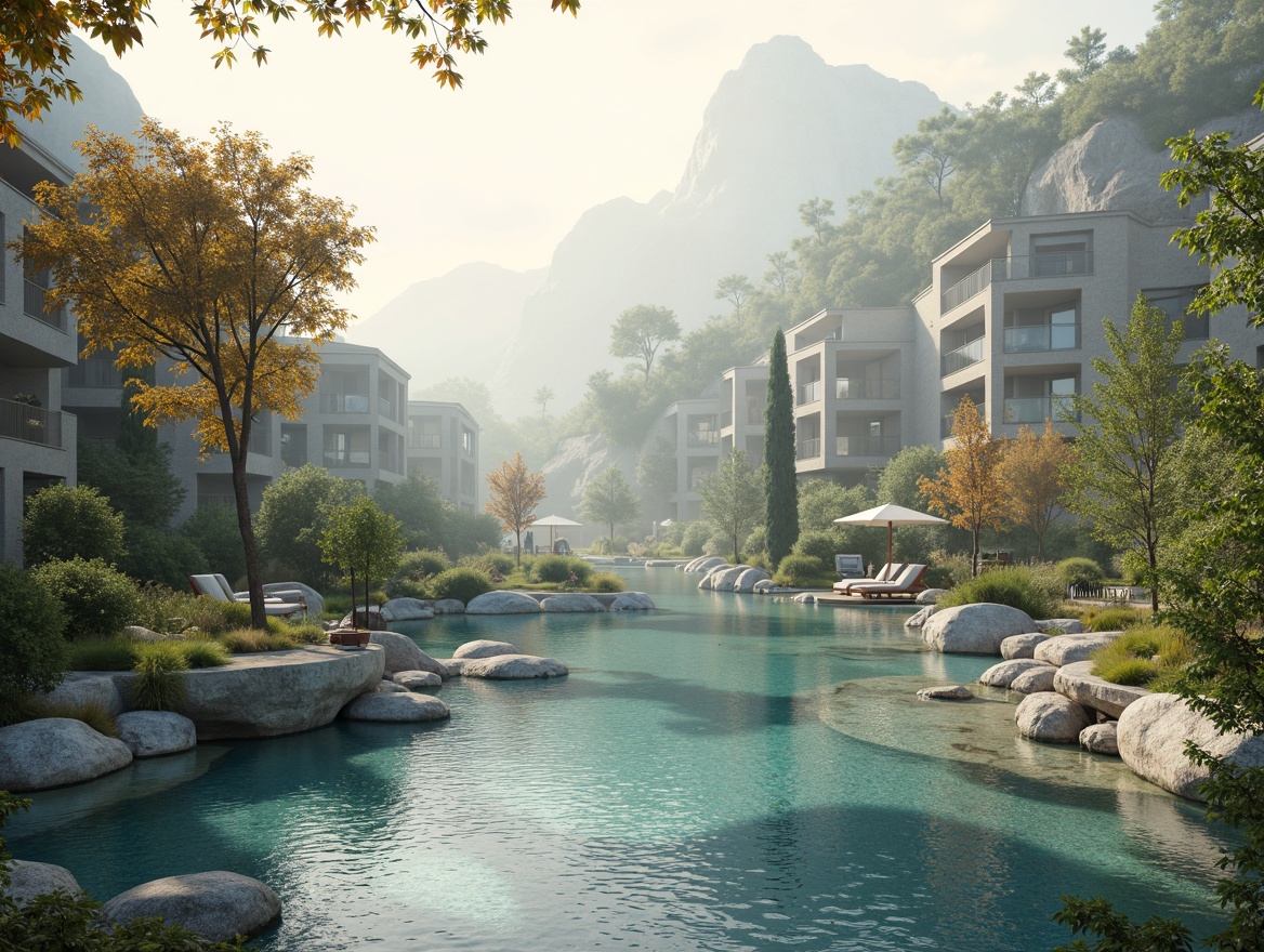 Prompt: Soothing serene landscape, calming blue hues, gentle greenery, soft peach tones, creamy whites, warm beige accents, natural wood textures, subtle stone patterns, peaceful water features, misty atmosphere, soft focus, shallow depth of field, 1/2 composition, warm golden lighting, realistic ambient occlusion.