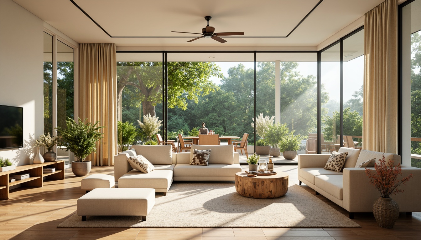 Prompt: Vibrant living room, floor-to-ceiling windows, sliding glass doors, minimal window frames, translucent curtains, creamy white walls, polished wooden floors, rustic wood accents, warm beige upholstery, natural textiles, potted greenery, blooming flowers, sunny afternoon, soft diffused lighting, shallow depth of field, 1/1 composition, panoramic view, realistic reflections, ambient occlusion.