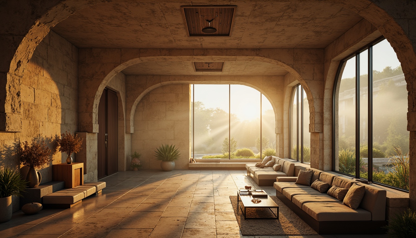 Prompt: Monastery-inspired futuristic interior, soft warm luminescence, muted earth tones, weathered stone walls, metallic accents, iridescent glass surfaces, minimalist decor, sacred geometry patterns, ambient lighting, shallow depth of field, 3/4 composition, panoramic view, realistic textures, atmospheric fog effects, misty atmosphere, serene ambiance, futuristic technology integration, holographic displays, sleek lines, eco-friendly materials, sustainable energy systems.