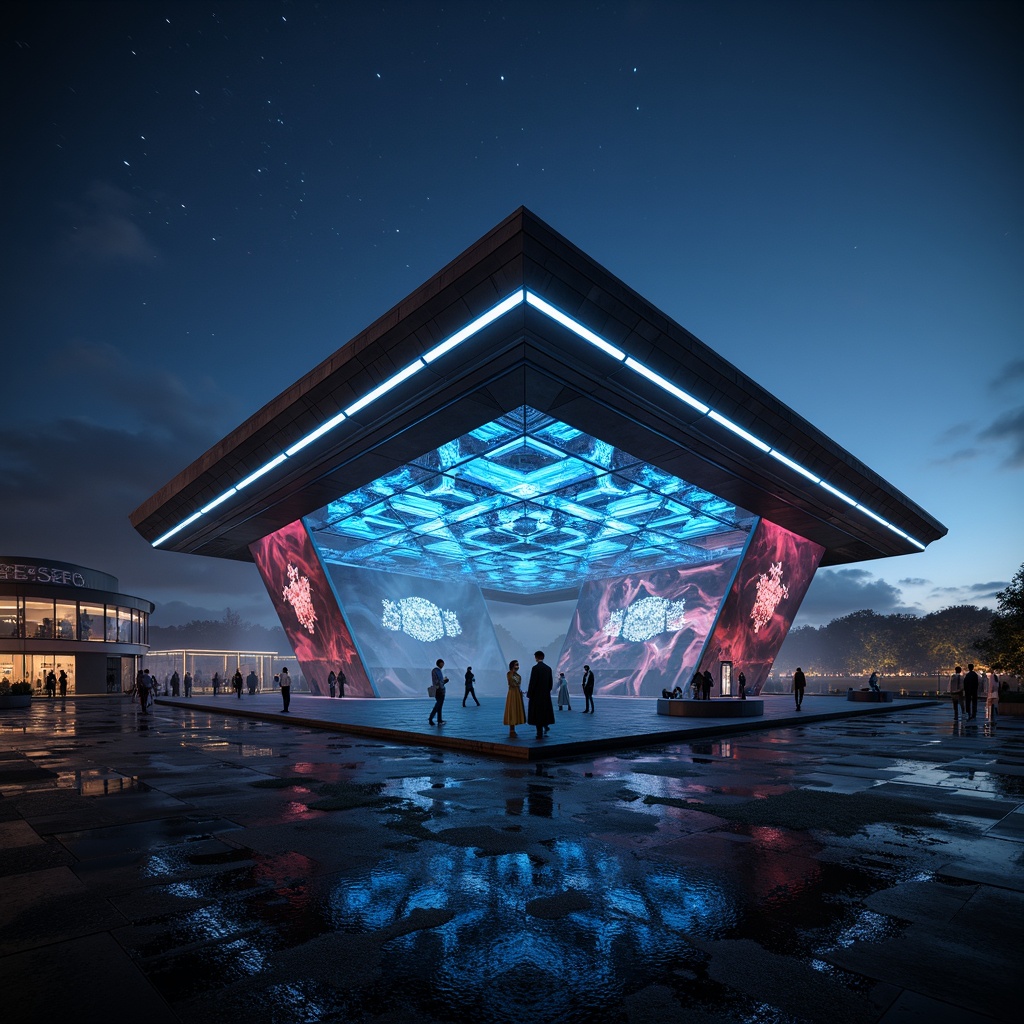 Prompt: Futuristic pavilion, neon lights, glowing accents, dark skies, starry night, misty atmosphere, sleek metal framework, angular lines, minimalist design, LED strips, fiber optics, holographic projections, 3D visual effects, dynamic light installations, interactive exhibits, ambient soundscape, shallow depth of field, panoramic view, realistic textures, ambient occlusion.