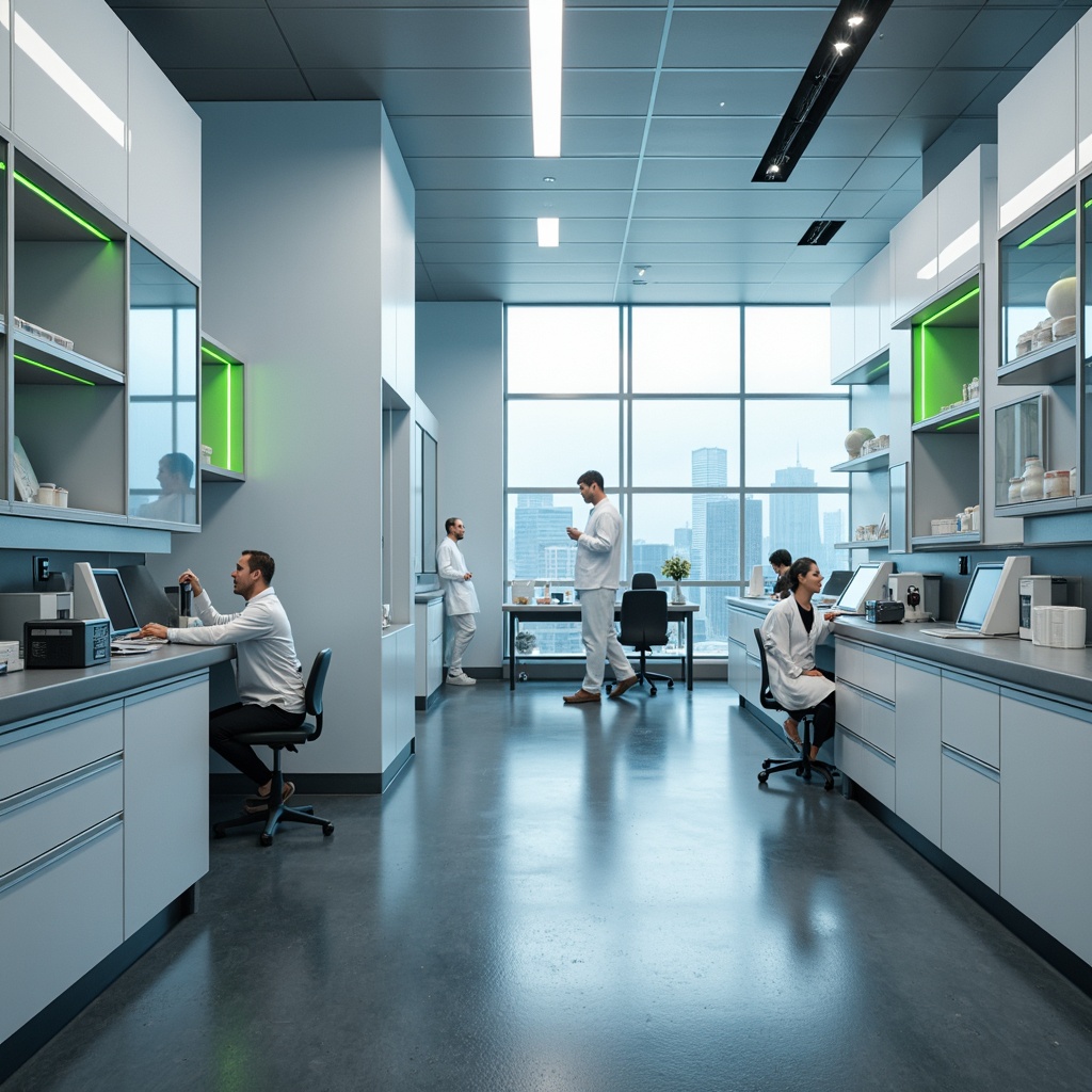 Prompt: Modern laboratory interior, clean lines, minimal decor, sterile environment, white lab coats, futuristic equipment, metallic surfaces, glass partitions, calm ambiance, soft diffused lighting, 3/4 composition, realistic reflections, subtle gradient effects, pale blue walls, crisp white countertops, dark grey flooring, sleek silver accents, neon green highlights, futuristic furniture design, ergonomic seating, minimalist shelving units.