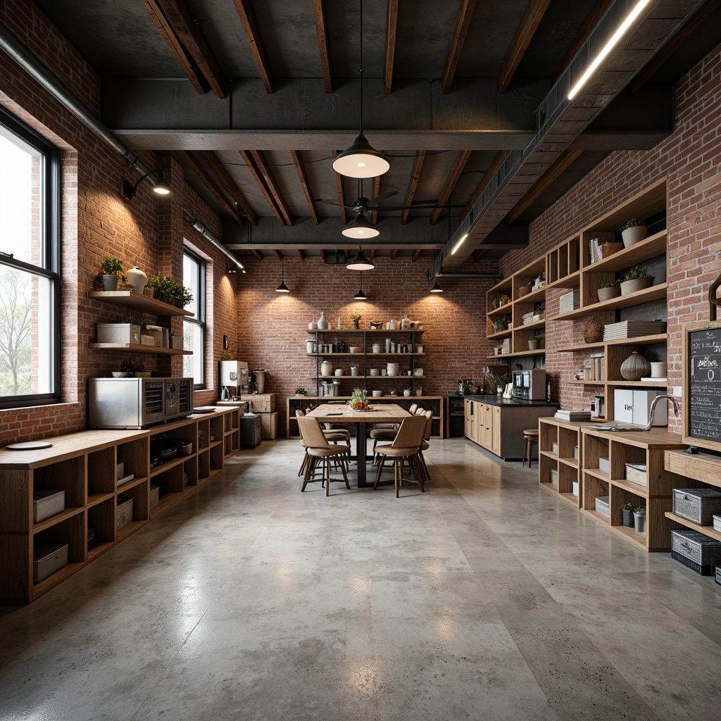 Prompt: Exposed brick walls, metal beams, industrial-style lighting fixtures, reclaimed wood shelving units, distressed concrete floors, urban loft atmosphere, functional storage crates, metal piping details, minimalist decor, neutral color palette, overhead track lighting, open shelving systems, metallic accents, vintage machinery parts, rough-textured walls, dimmable LED lights, 1/1 composition, shallow depth of field, realistic textures.