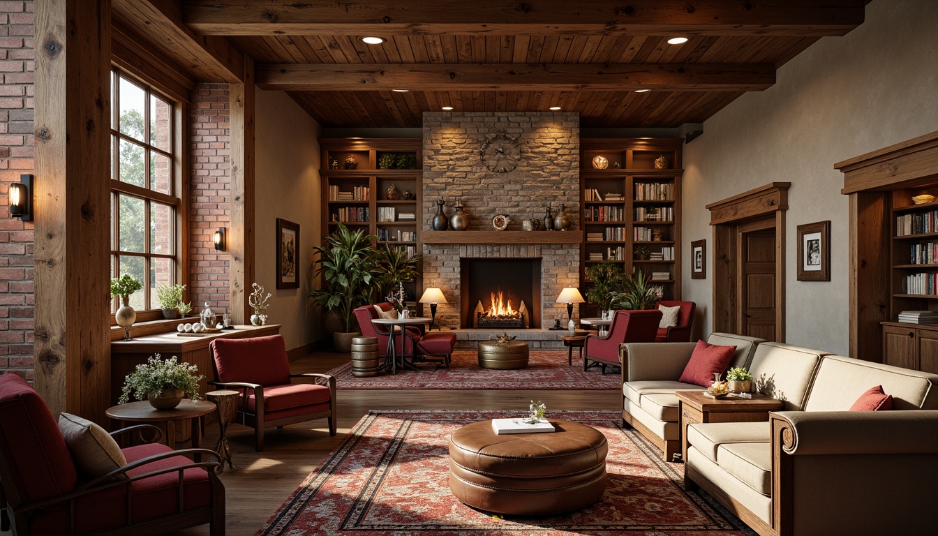 Prompt: Rustic wooden accents, exposed brick walls, earthy tone color palette, vintage metal fixtures, ornate wooden furnishings, plush velvet fabrics, natural stone fireplaces, distressed leather armchairs, antique decorative items, warm candle lighting, cozy reading nooks, luxurious linen bedding, traditional craftsmen-style architecture, grand lobby spaces, wooden ceiling beams, rich wood grain textures, warm inviting atmosphere, soft focus photography, shallow depth of field, 2/3 composition.