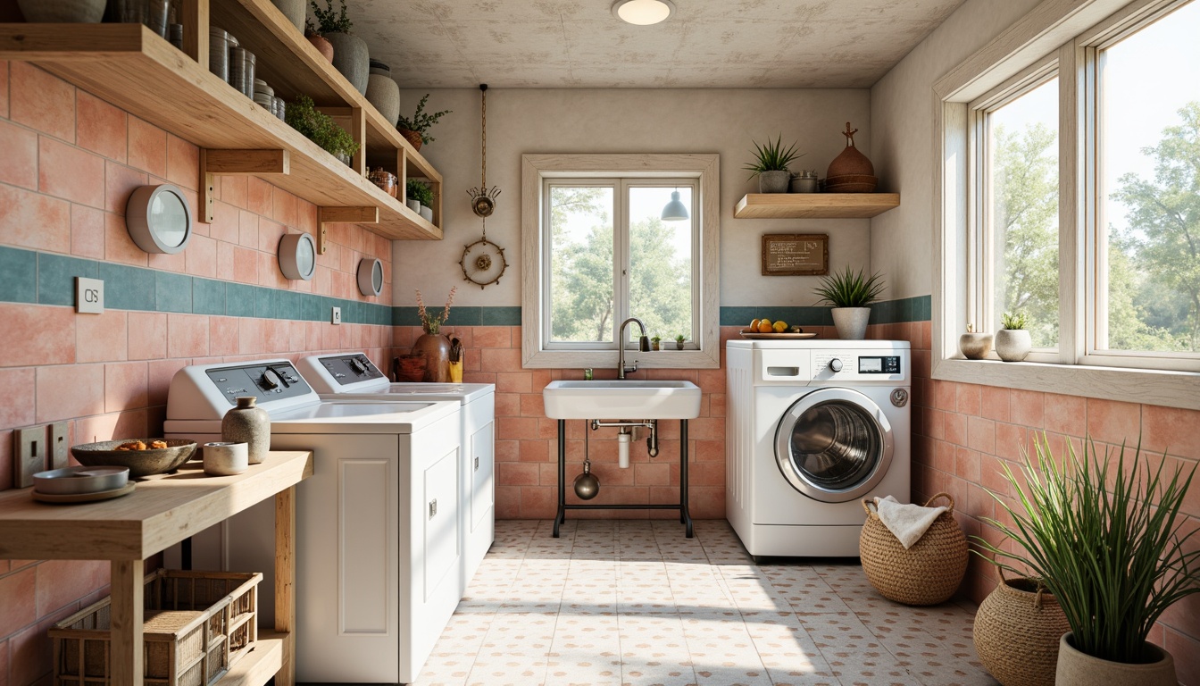 Prompt: Vibrant laundry room, pastel hues, soft peach tones, creamy whites, deep blues, warm beige accents, playful polka dots, whimsical stripes, distressed wood textures, rustic metal fixtures, eclectic decorative items, vintage washing machines, nostalgic drying racks, natural light pouring in, airy openness, shallow depth of field, 1/1 composition, realistic rendering, ambient occlusion.