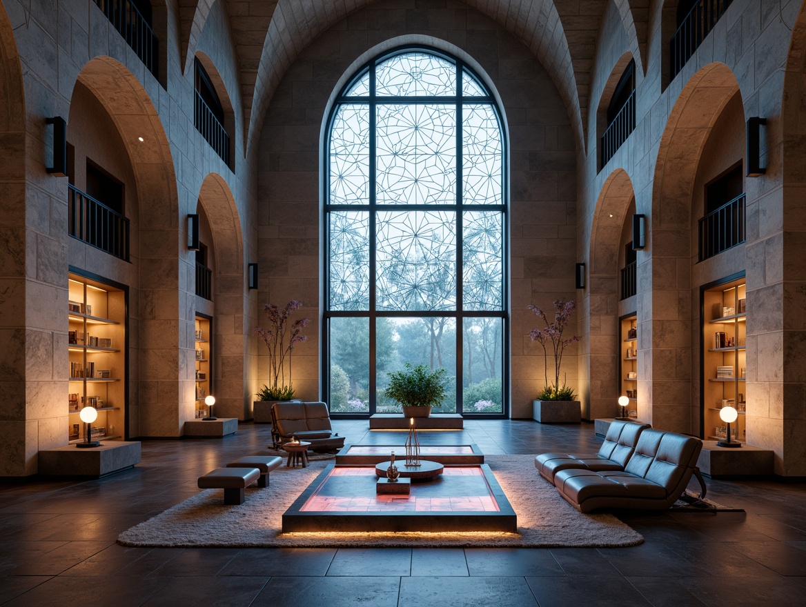 Prompt: Minimalist monastery interior, futuristic furniture designs, sleek metal chairs, holographic coffee tables, levitating bookshelves, ambient LED lighting, stone floors, vaulted ceilings, grandiose archways, intricate stained glass windows, ethereal misting systems, cyberpunk-inspired accents, iridescent fabrics, sacred geometry patterns, 3D-printed decorative screens, soft warm glow, shallow depth of field, panoramic view, realistic textures, ambient occlusion.