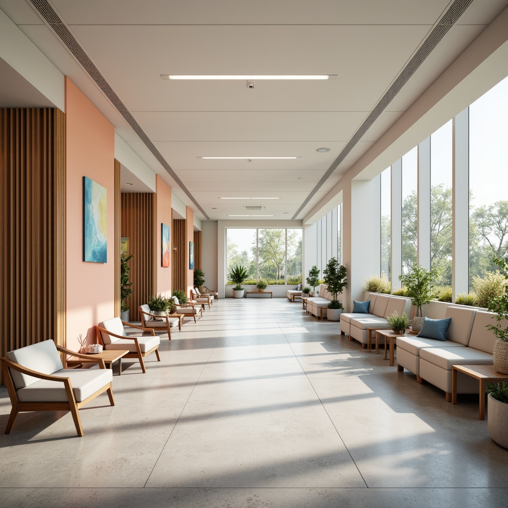 Prompt: Soothing medical facility, calming color scheme, gentle pastel hues, soft peach tones, muted blue accents, natural wood textures, subtle patterned floors, minimalist furniture design, airy waiting areas, abundant greenery, large windows, warm LED lighting, shallow depth of field, 1/1 composition, realistic renderings, ambient occlusion.