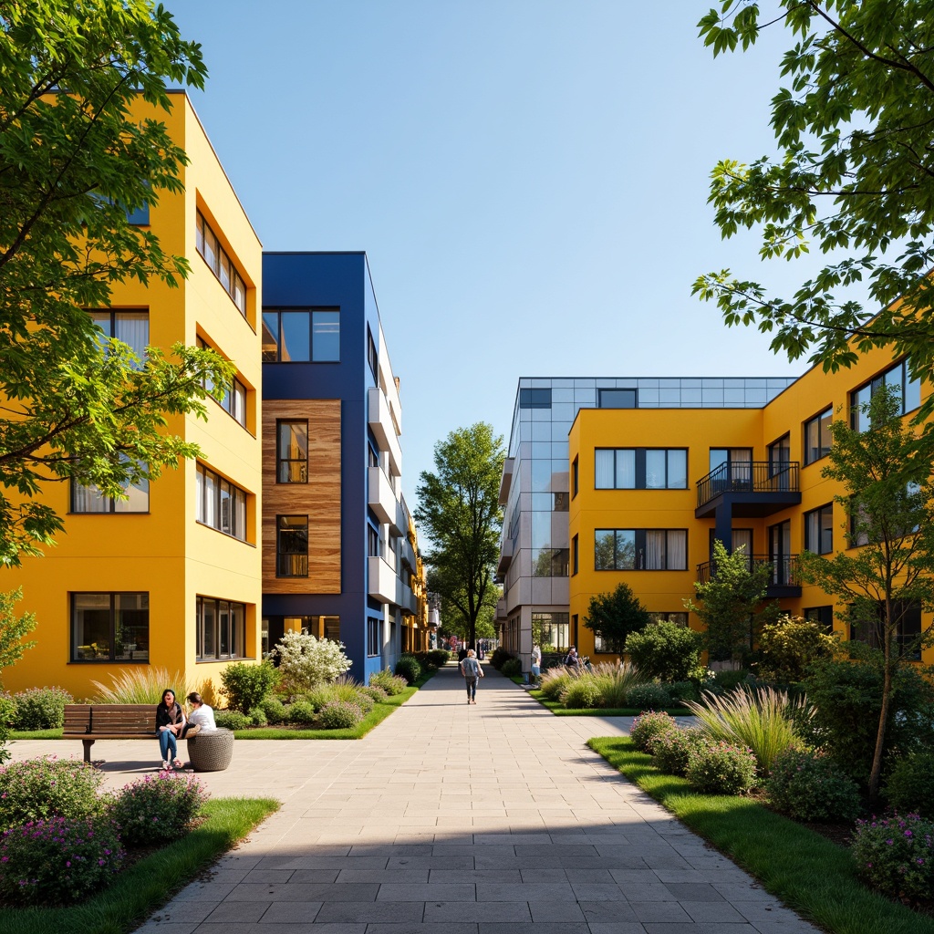 Prompt: Vibrant university campus, modern academic buildings, bold color blocks, contrasting neutral tones, rich wood accents, energetic yellow walls, deep blue roofs, crisp white trim, warm beige stone pathways, lush greenery, blooming flowers, sunny day, soft natural lighting, shallow depth of field, 3/4 composition, realistic textures, ambient occlusion.