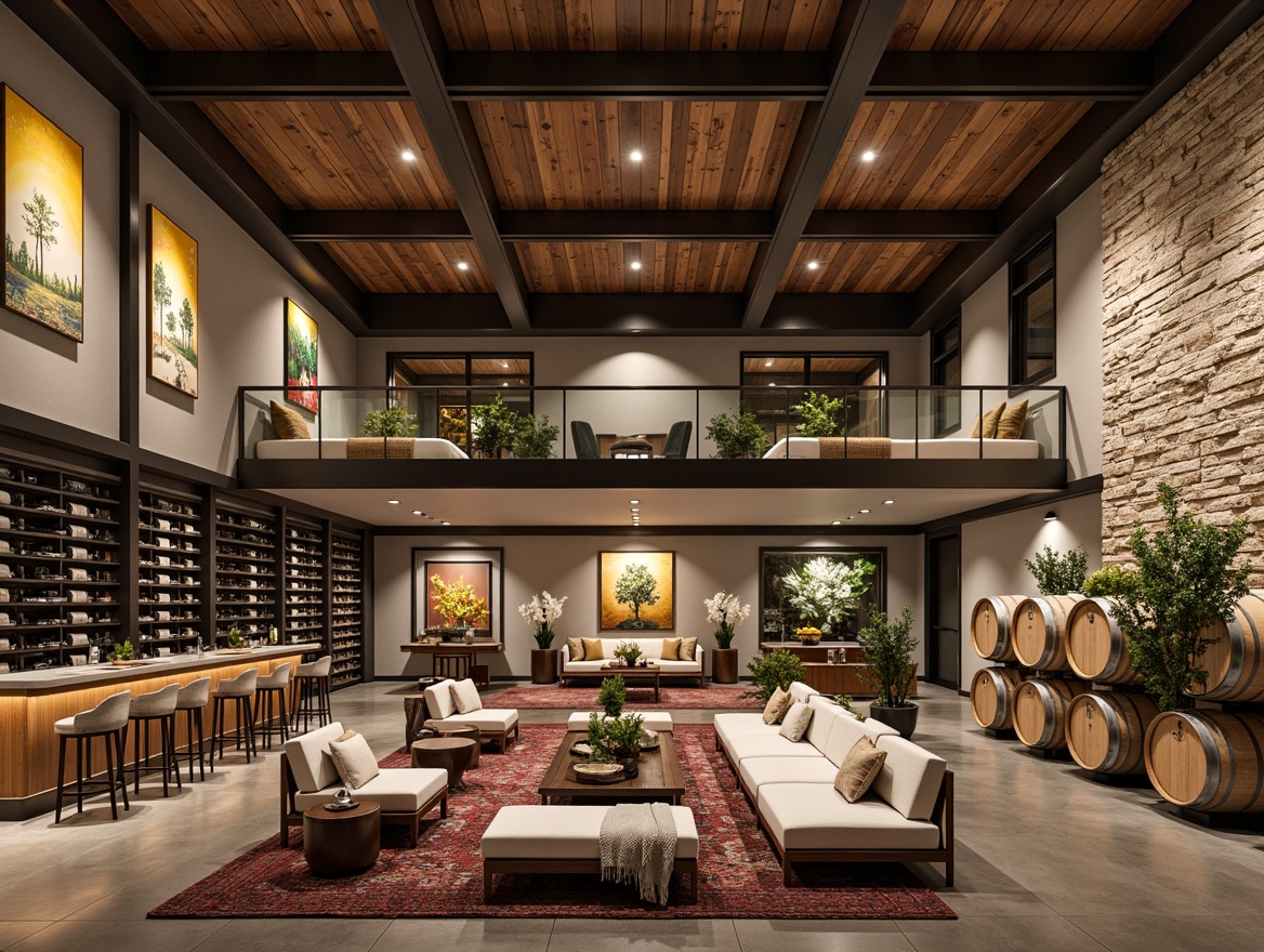 Prompt: Earthy winery interior, reclaimed wood accent walls, natural stone feature walls, modern metal beam ceilings, floor-to-ceiling windows, rustic wooden barrel displays, vineyard-inspired artwork, warm ambient lighting, cozy lounge seating areas, plush area rugs, richly textured throw blankets, industrial-chic concrete floors, sleek glass railings, minimalist decorative accessories, neutral color palette, sophisticated wine storage systems, elegant tasting bars, 1/1 composition, softbox lighting, realistic wood textures, atmospheric misting effects.