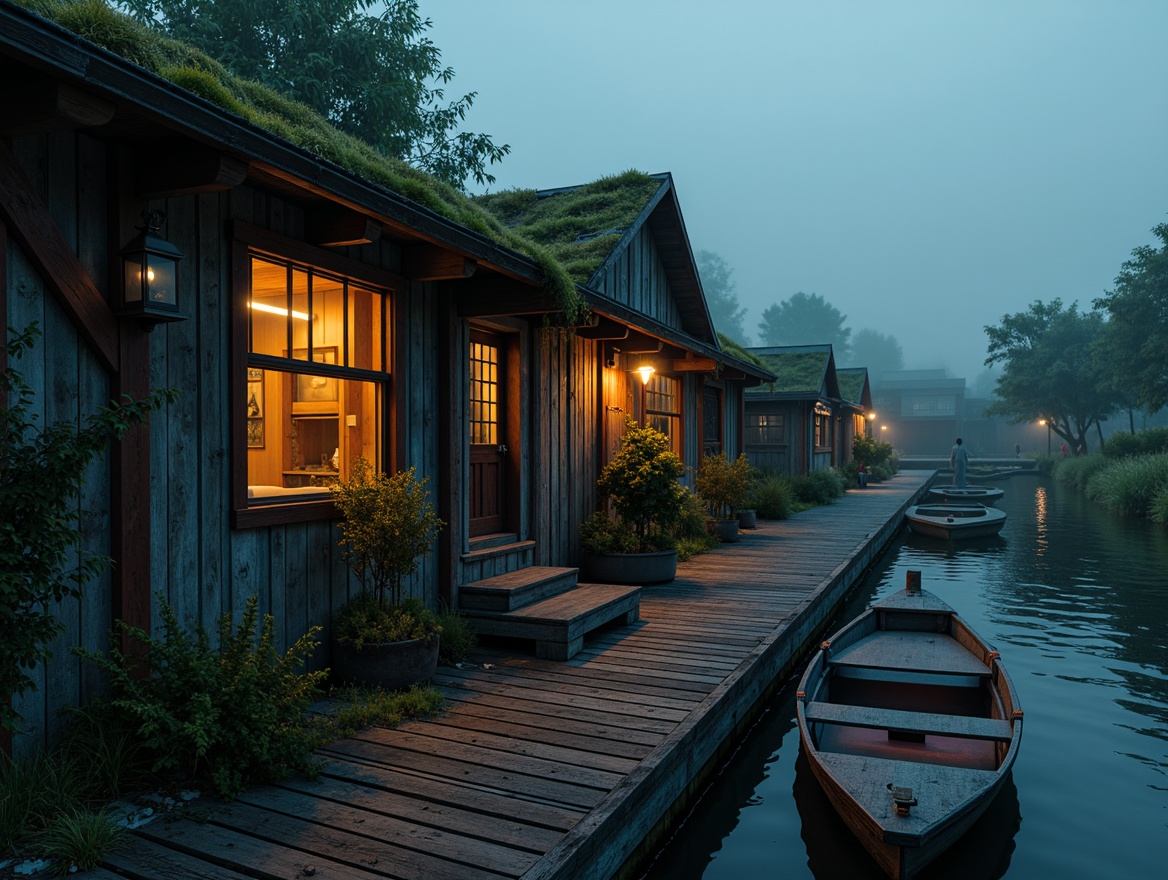 Prompt: Mysterious boathouse, worn wooden planks, rusty metal accents, eerie lanterns, moss-covered roofs, overgrown vegetation, misty waterfront, dark blues, muted greens, weathered wood tones, rich burgundies, mysterious purples, golden lighting, warm candle glow, atmospheric fog, dramatic shadows, cinematic composition, low-key color harmony, textured brushstrokes, vintage nautical elements.