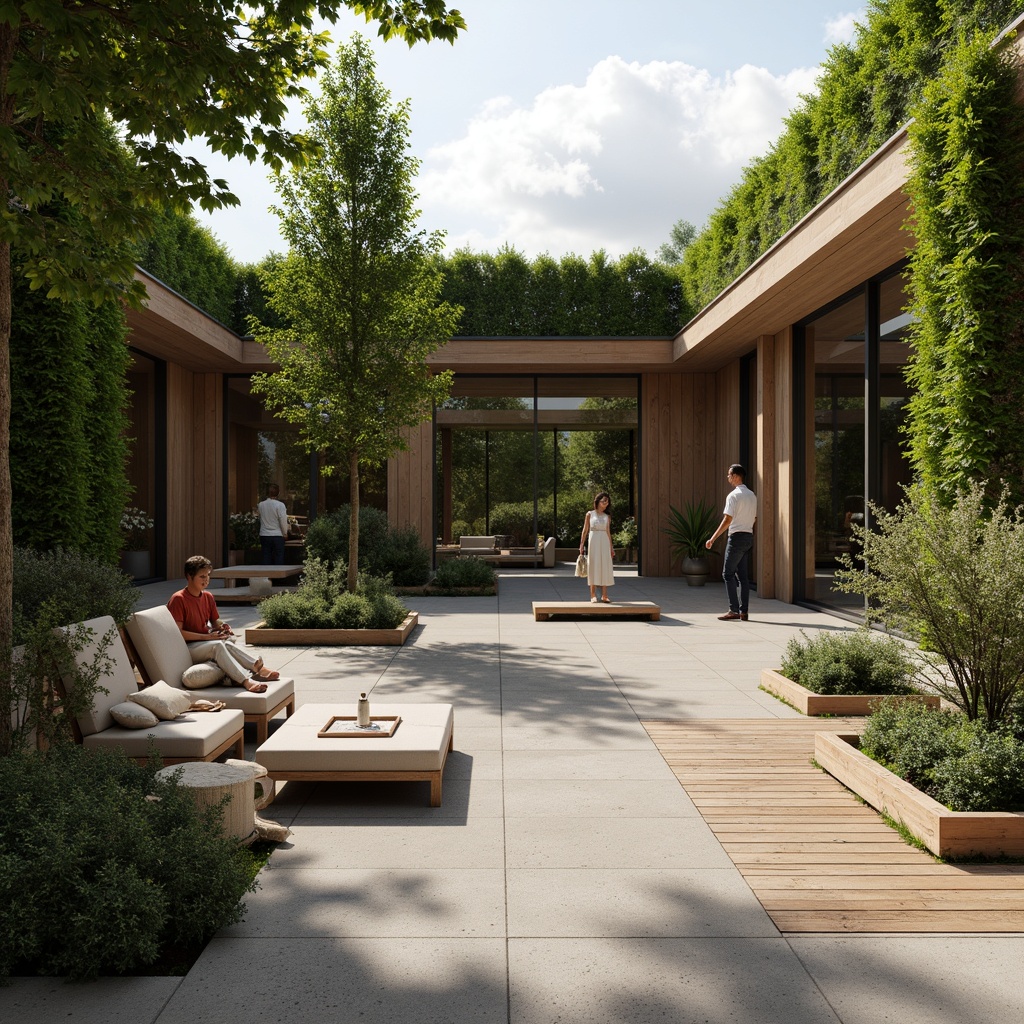 Prompt: Minimalist courtyard, natural stone flooring, lush green walls, wooden accents, floor-to-ceiling windows, sliding glass doors, cozy reading nooks, built-in benches, Nordic-inspired planters, rustic wooden decking, warm ambient lighting, shallow depth of field, 3/4 composition, soft focus effect, natural textiles, earthy color palette, organic shapes, functional furniture design.