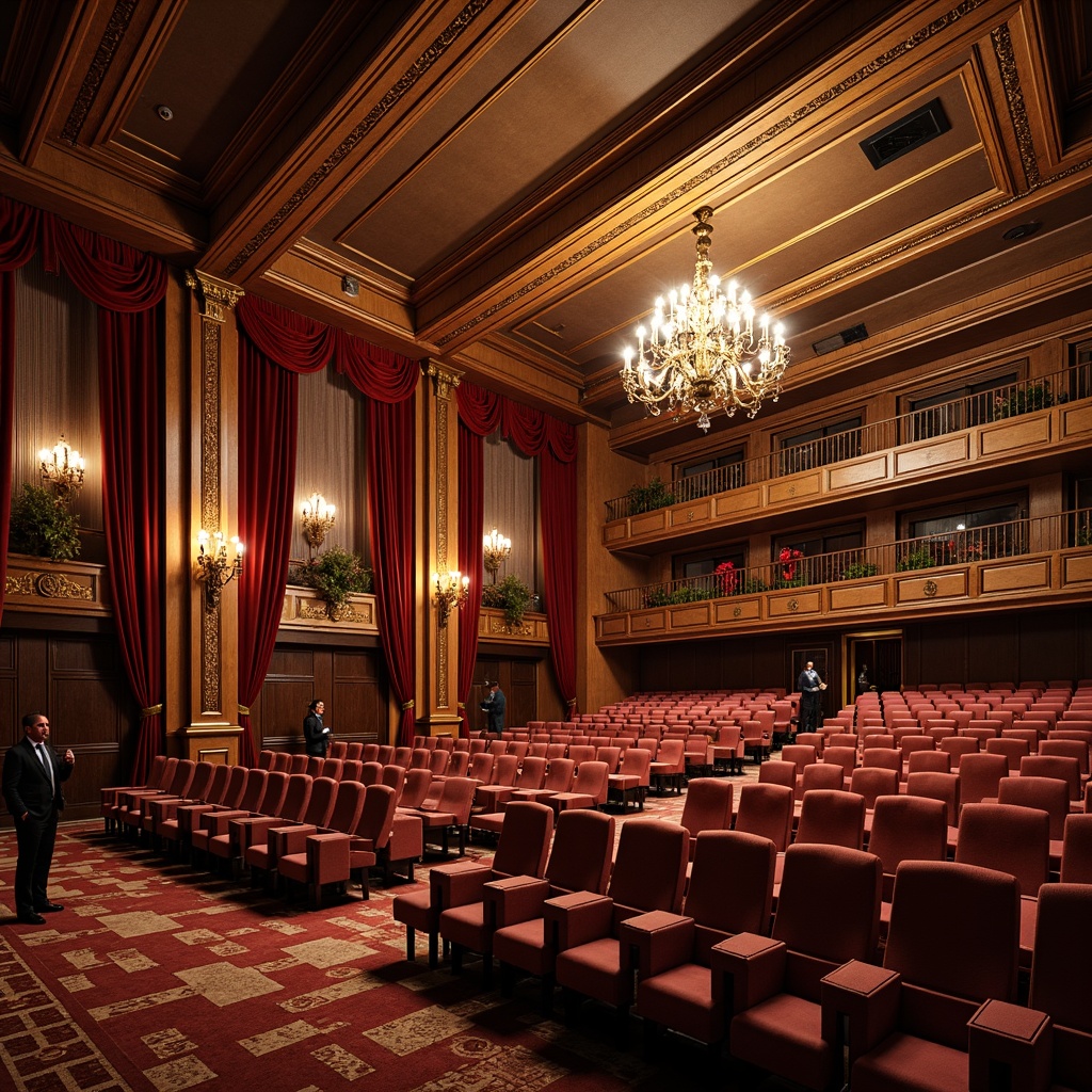 Prompt: Luxurious auditorium interior, traditional ornate details, rich wood paneling, velvet curtains, golden accents, intricate moldings, grand chandeliers, plush seating, innovative acoustic panels, sound-absorbing materials, geometric patterns, 3D textured surfaces, warm soft lighting, shallow depth of field, 2/3 composition, realistic reflections, ambient occlusion.