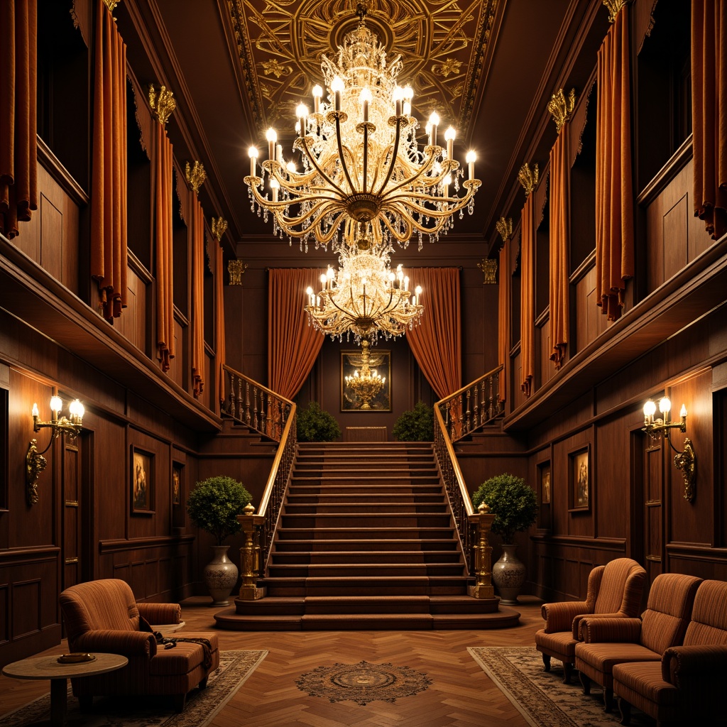 Prompt: Ornate chandeliers, crystal droplets, bronze metalwork, velvet drapes, rich wood paneling, antique furnishings, grand staircases, opulent textiles, warm golden lighting, softbox diffusers, dramatic spotlights, high-contrast ratios, cinematic composition, 2.35