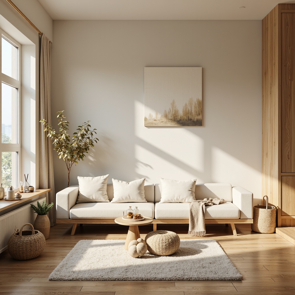 Prompt: Monochromatic interior design, soft beige walls, rich wood accents, creamy white furniture, plush area rugs, warm golden lighting, natural textiles, woven baskets, earthy terrariums, minimalist decor, Scandinavian-inspired aesthetic, calm atmosphere, 1/1 composition, soft focus, ambient occlusion.