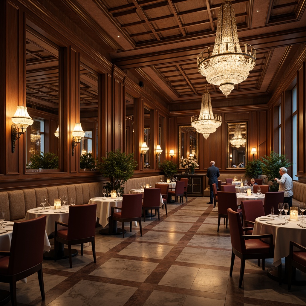 Prompt: Elegant dining hall, luxurious furnishings, rich wood paneling, ornate mirrors, crystal chandeliers, velvet drapes, marble floors, subtle texture contrasts, ambient warm lighting, shallow depth of field, 1/2 composition, soft focus background, realistic reflections, intricate molding details.