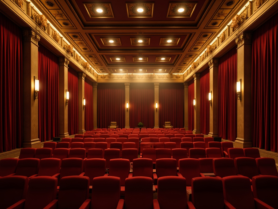 Prompt: Cozy cinema interior, warm golden lighting, rich velvet curtains, plush red seats, ornate decorative details, intricate molding patterns, soft ambient glow, subtle spotlighting, cinematic color palette, high-contrast ratio, dramatic shadows, luxurious fabric textures, elegant wooden accents, sophisticated metal fixtures, intimate setting, 1/2 composition, shallow depth of field, warm color temperature, realistic reflections.