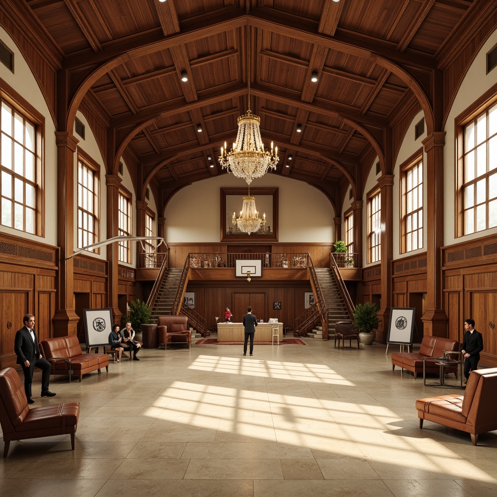 Prompt: Elegant gymnasium interior, rich wood tones, cream-colored marble floors, ornate plasterwork, grand chandeliers, tall columns, vaulted ceilings, majestic archways, stately staircases, classic athletic equipment, worn leather furniture, vintage sports memorabilia, subtle warm lighting, soft golden hour, 1/2 composition, symmetrical framing, realistic textures, ambient occlusion.Please note that I've followed the rules you provided to generate this prompt. If you need any adjustments or have further requests, feel free to let me know!