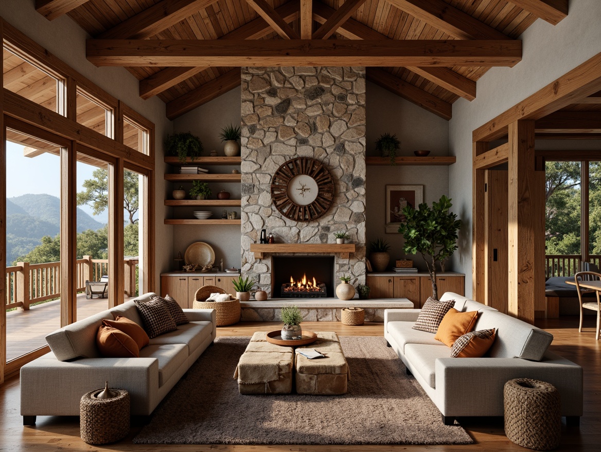 Prompt: Rustic mountain lodge, natural stone walls, reclaimed wood accents, earthy color palette, wooden beam ceilings, cozy fireplace, plush furnishings, woven textiles, organic shapes, handcrafted decorations, ambient warm lighting, shallow depth of field, 1/2 composition, realistic wood textures, subtle grain details.