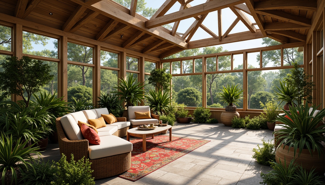 Prompt: Vibrant sunroom, lush greenery, natural stone flooring, wooden ceiling beams, large skylights, floor-to-ceiling windows, cozy wicker furniture, plush throw pillows, colorful patterned rugs, decorative planters, ornate metalwork accents, warm soft lighting, shallow depth of field, 3/4 composition, panoramic view, realistic textures, ambient occlusion.