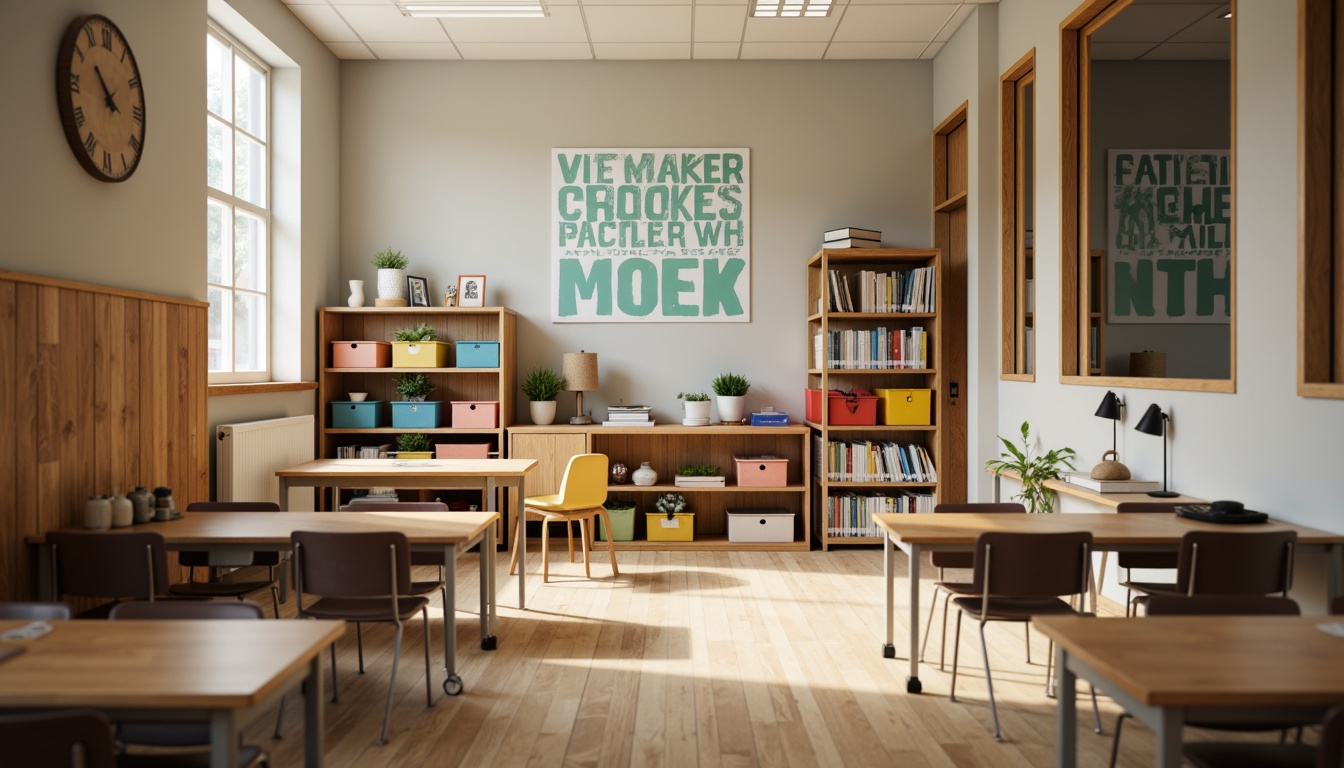 Prompt: Modern classroom furniture, ergonomic chairs, sturdy wooden desks, colorful storage bins, inspirational quotes, collaborative learning spaces, flexible seating arrangements, acoustic panels, natural materials, earthy tones, soft warm lighting, shallow depth of field, 3/4 composition, realistic textures, ambient occlusion.