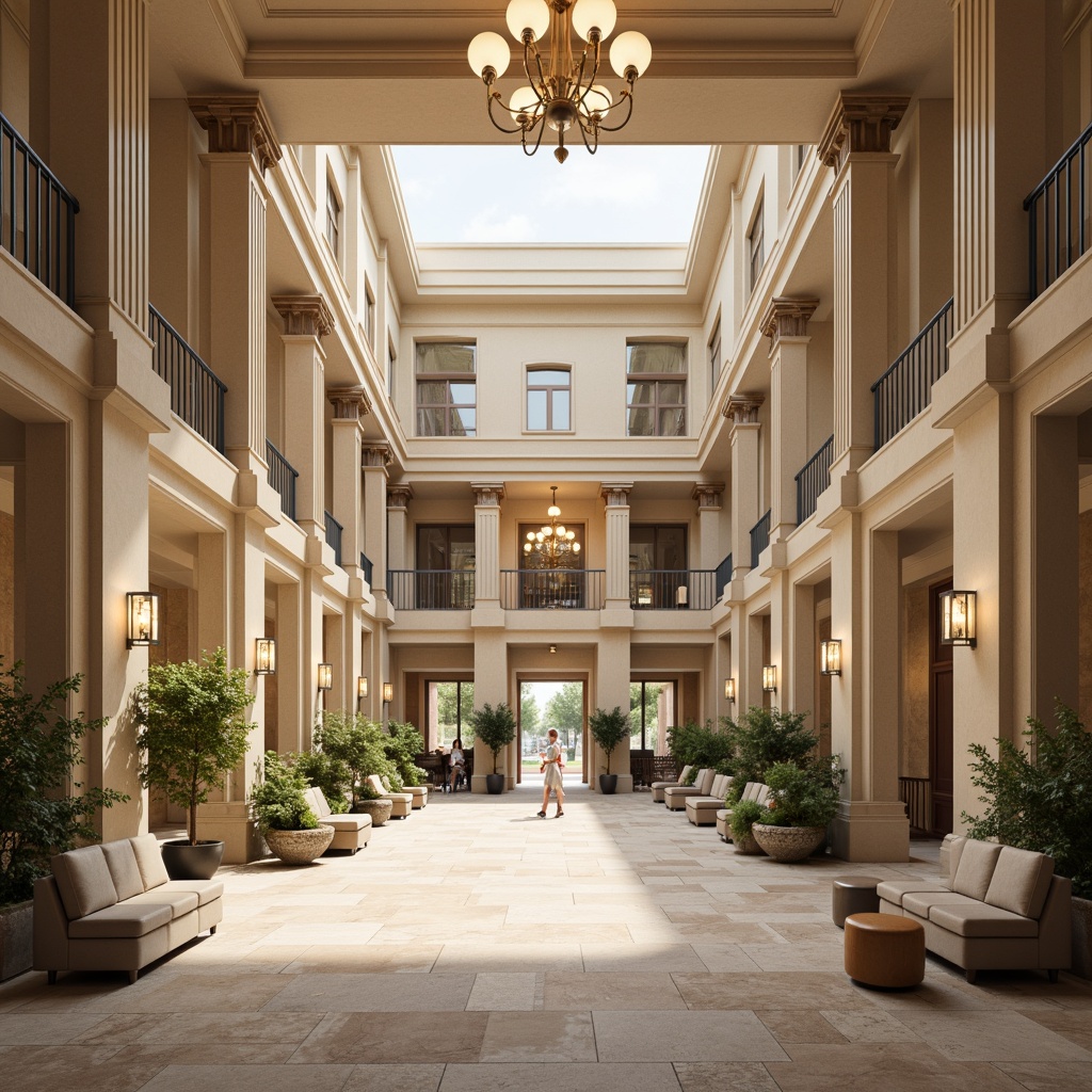 Prompt: Grandiose healthcare center, Corinthian columns, ornate facades, symmetrical architecture, wheelchair-accessible ramps, wide corridors, natural stone floors, elegant chandeliers, high ceilings, grand atriums, luxurious waiting areas, comfortable seating, warm beige tones, soft ambient lighting, subtle shadows, 1/1 composition, realistic textures, ambient occlusion.