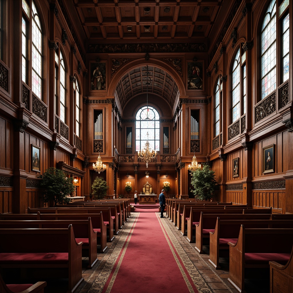 Prompt: Intricate wooden carvings, rich dark wood tones, ornate pews, velvet upholstery, golden accents, grandiose architectural style, stained glass windows, high ceilings, traditional Victorian church design, warm soft lighting, shallow depth of field, 1/2 composition, realistic textures, ambient occlusion.