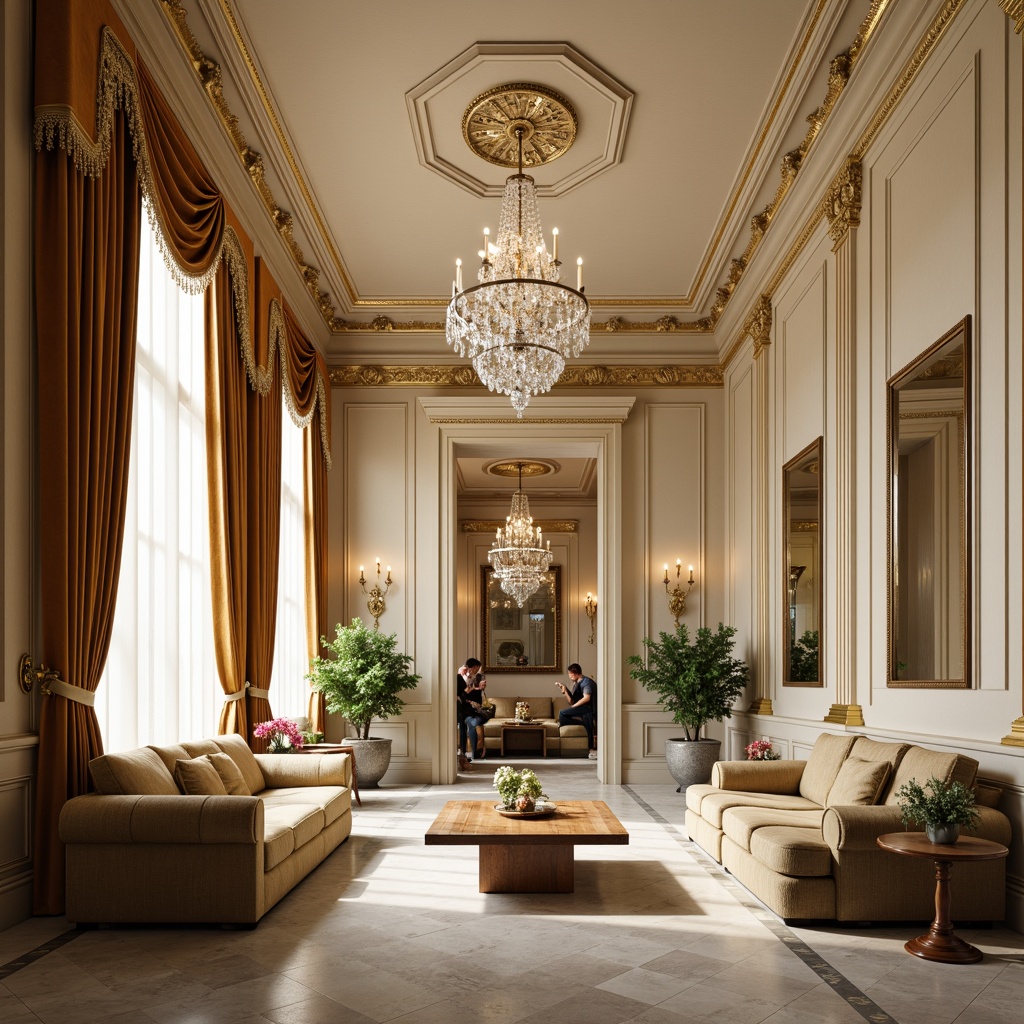 Prompt: Elegant neoclassical interior, rich wood tones, creamy whites, soft gold accents, ornate moldings, intricate carvings, luxurious velvet fabrics, subtle marble patterns, refined crystal chandeliers, warm beige walls, sophisticated neutral backgrounds, opulent drapery, lavish furnishings, ornamental mirrors, majestic columns, stately proportions, symmetrical compositions, dramatic lighting effects, cinematic depth of field, 1/2 composition, high-contrast renderings.