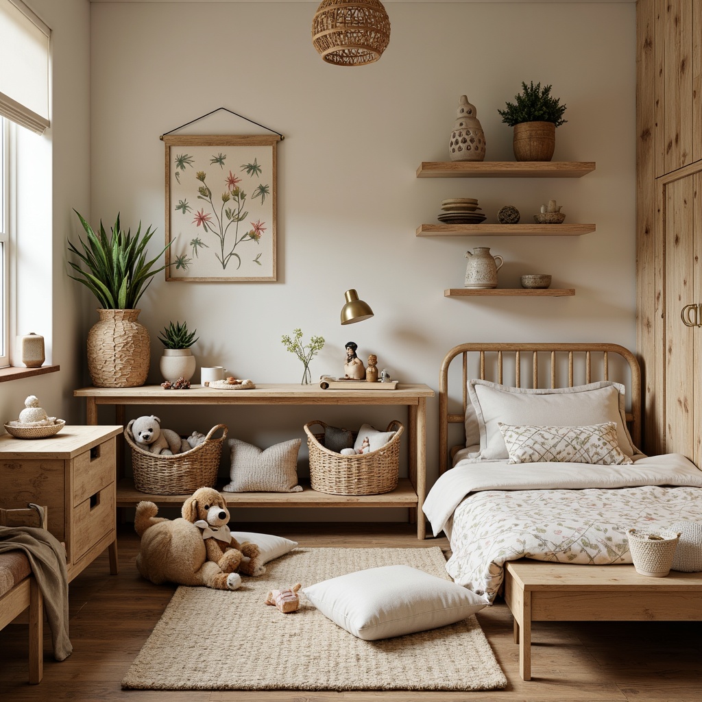 Prompt: Cozy kids' room, wooden furniture, vintage decor, distressed finishes, earthy color palette, woven baskets, plush toys, soft cushions, natural textiles, floral patterns, botanical prints, whimsical wall art, rustic lighting fixtures, lantern-style lamps, nature-inspired accessories, pinecones, pebbles, reclaimed wood accents, warm beige tones, creamy whites, gentle warm lighting, shallow depth of field, 1/2 composition, intimate atmosphere, realistic textures.