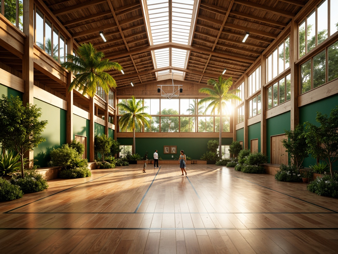 Prompt: Tropical gymnasium, natural wood accents, bamboo flooring, vibrant green walls, exotic plant arrangements, soft warm lighting, golden hour ambiance, high ceilings, large windows, clerestory windows, skylights, diffuse indirect lighting, LED strips, color-changing lights, dynamic shadows, 1/1 composition, symmetrical framing, shallow depth of field, realistic textures, ambient occlusion.Please let me know if this meets your requirements!